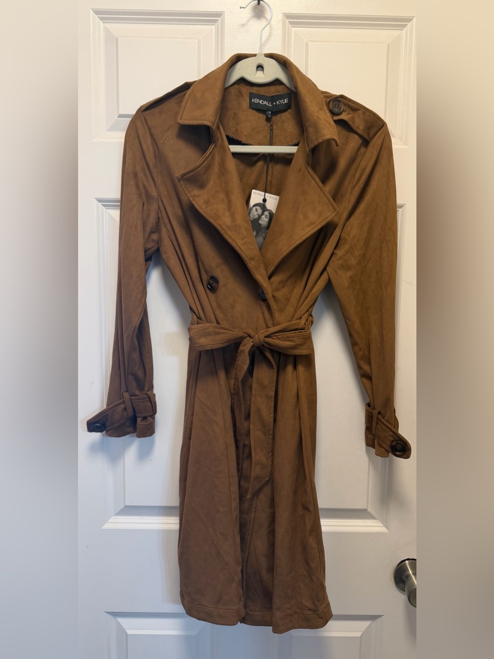 Kendall & Kylie Suede-Look Belted Trench Coat in Cognac Brown